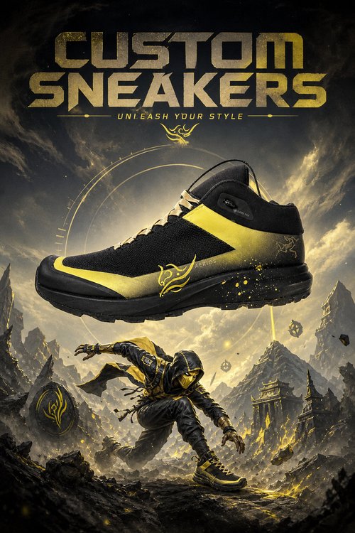 Personalized Custom Sneakers‑Black Gold Ninja Warrior Themed Gradient Splatter High‑Top Custom Athletic Shoes