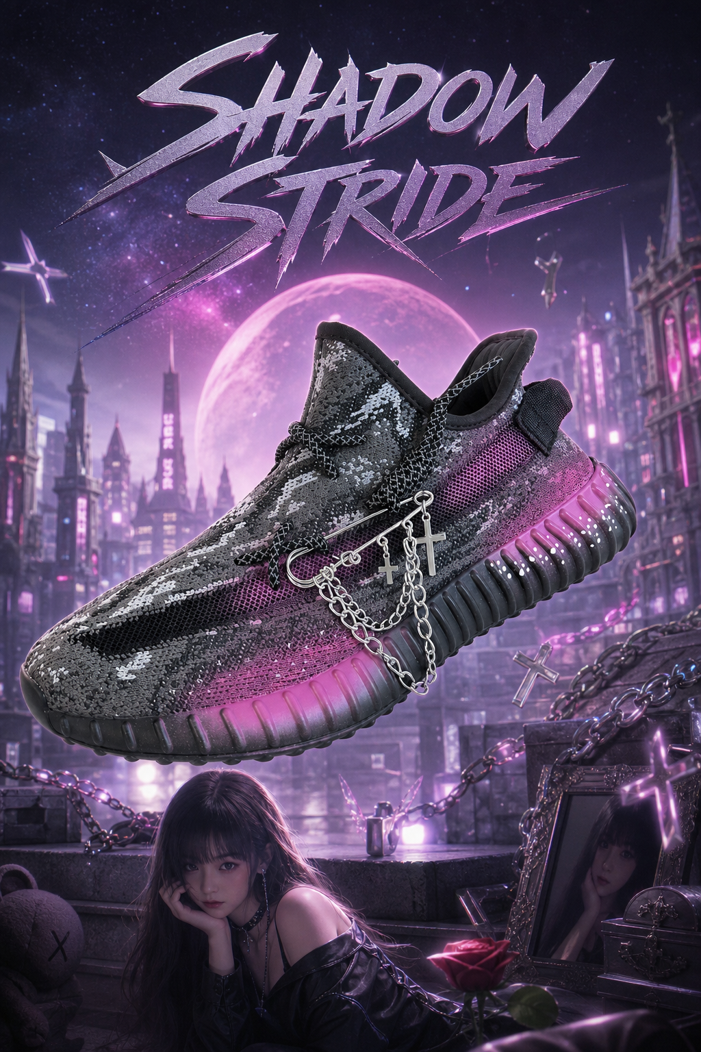 Hand‑painted YEEZY 350 V2 Shoes – Shadow Stride Gothic Purple‑Pink Gradient Cross Chain Themed, Boost Custom Sneakers