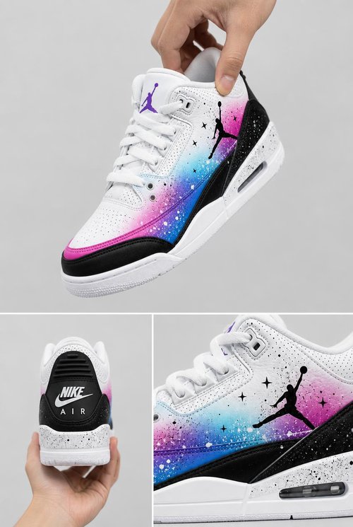 Custom Gradient Hand‑Painted AJ3 Sneakers Galaxy Dunk Cosmic Purple Blue Pink Star Splatter Custom Basketball Shoes