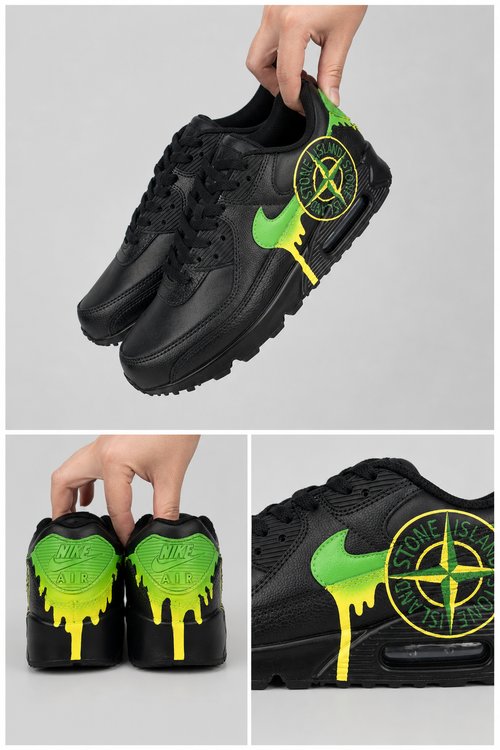Hand‑Painted Nike Air Max 90‑Black Lime Green Drip Stone Island Compass Logo Custom Air Cushion Sneakers