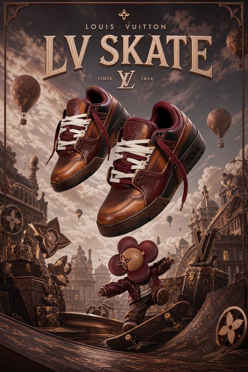 LV Custom Gradient Hand‑Painted Sneakers Skate Vintage Brown Burgundy Aged Leather Skate‑Style Chunky Trainer Shoes