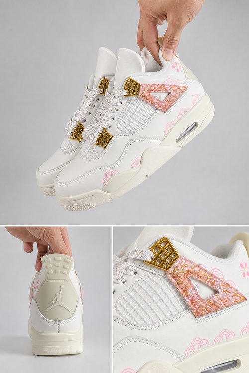 Custom Gradient Hand‑Painted AJ4 Sneakers White Pink Sakura Cherry Blossom Oriental Floral Custom Basketball Shoes