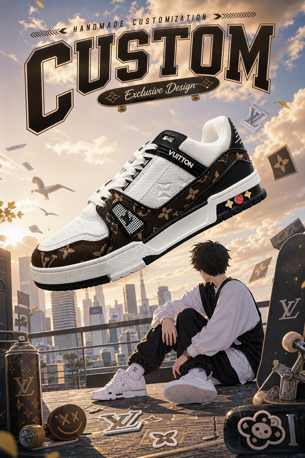 LV Custom Gradient Hand‑Painted Sneakers Brown Monogram Gold Floral Pattern Luxury Street Style Casual Shoes