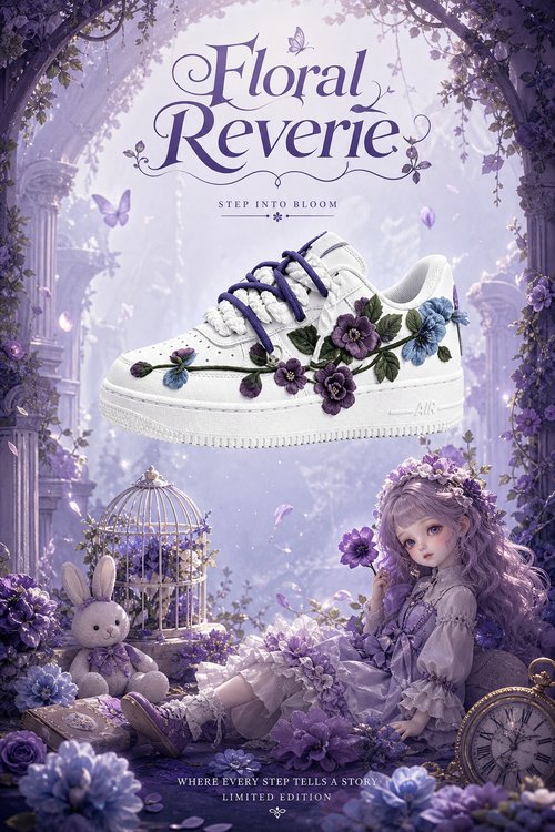 Hand-Crafted Rework Floral Sneakers, Custom Embroidered Flower Shoes, White Air Style Shoes with Purple & Blue Botanical Design