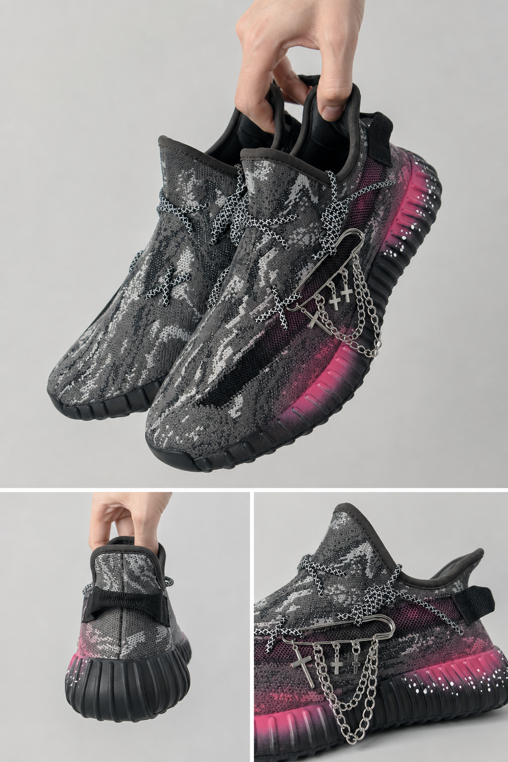 Hand‑painted YEEZY 350 V2 Shoes – Night Rose Gothic Dark Pink Rose Cross Chain Themed, Boost Custom Sneakers
