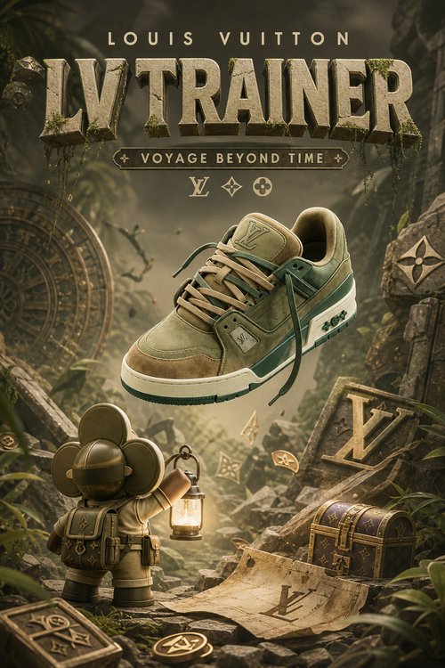 LV Custom Gradient Hand‑Painted Sneakers Voyage Beyond Time Jungle Explorer Vintage Moss Green Archaeological Ruins Chunky Trainer Shoes