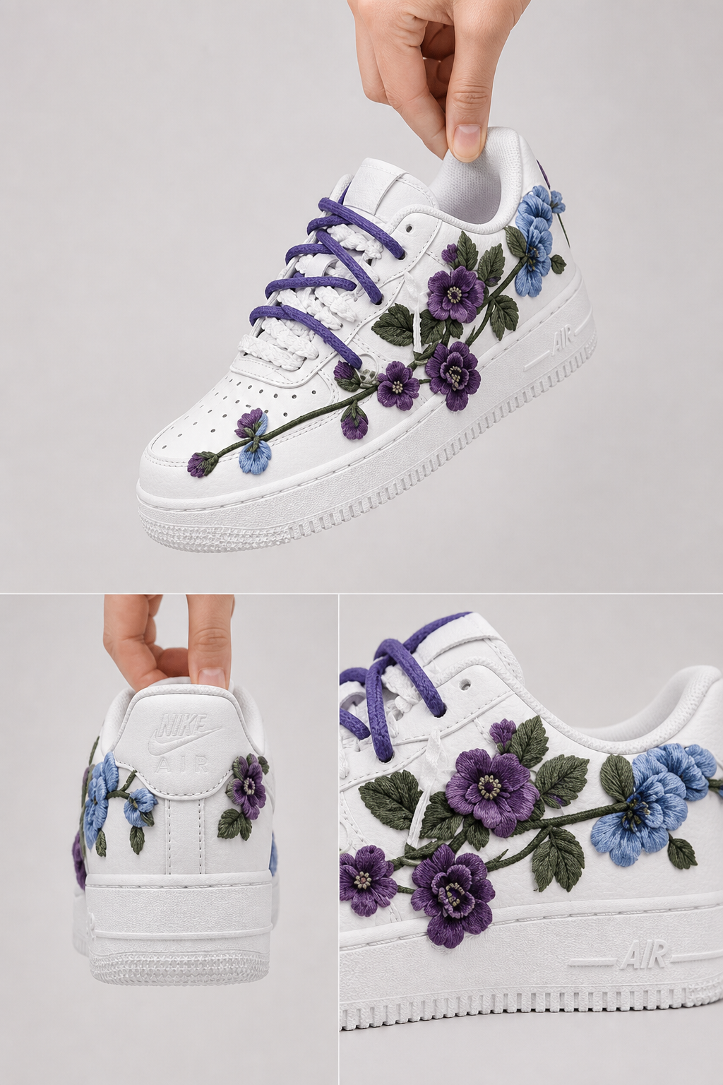 Hand-Crafted Rework Floral Sneakers, Custom Embroidered Flower Shoes, White Air Style Shoes with Purple & Blue Botanical Design