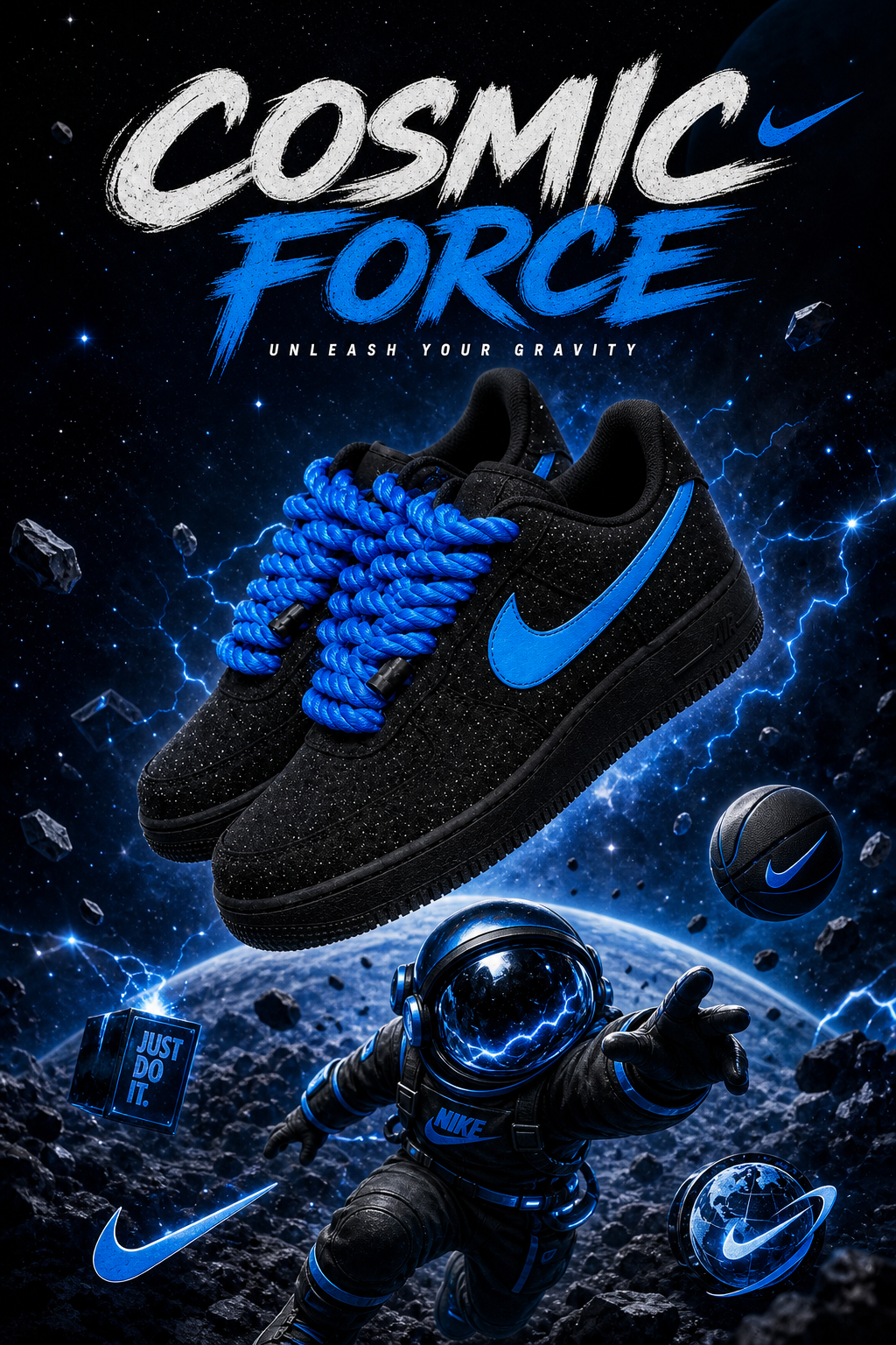 Hand-Crafted Rework Cosmic Custom Sneakers with Blue Baby's Breath Accent Swoosh and Chunky Rope Laces