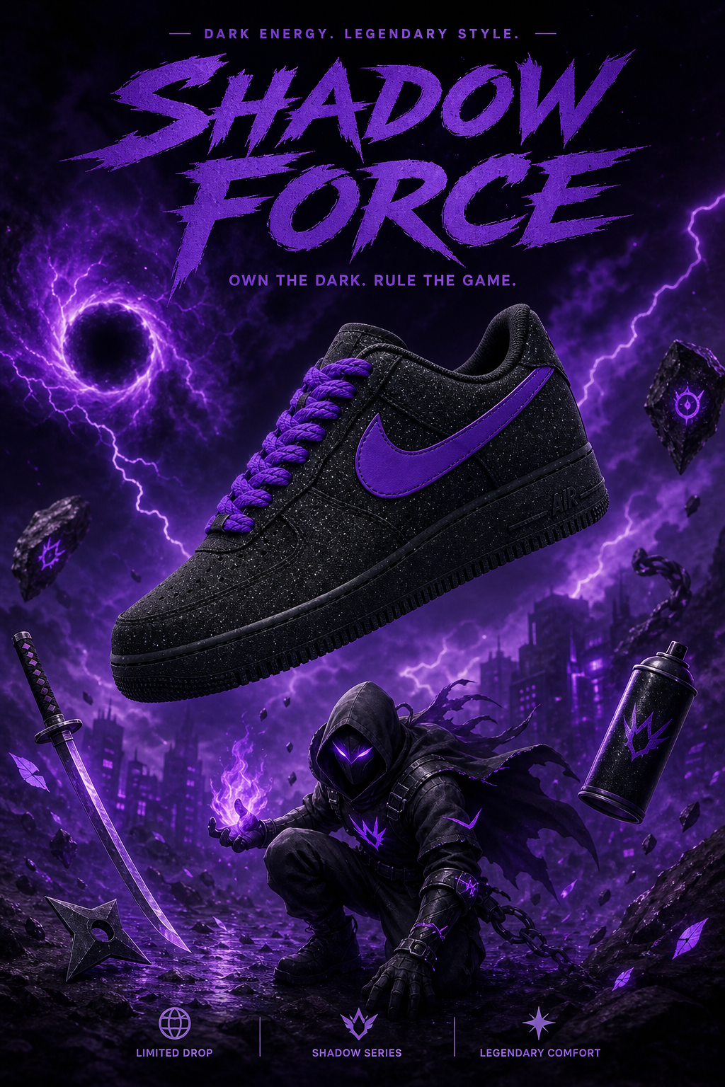 Hand-Crafted Rework Black Galaxy Sneakers with Purple Details, Custom Starry Design Shoes