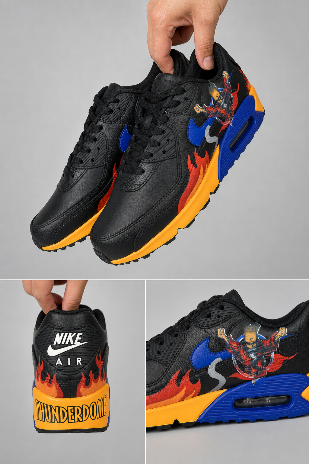 Hand‑Painted Nike Air Max 90‑Black Blue Yellow Red Flame Demon Character Custom Air Cushion Sneakers