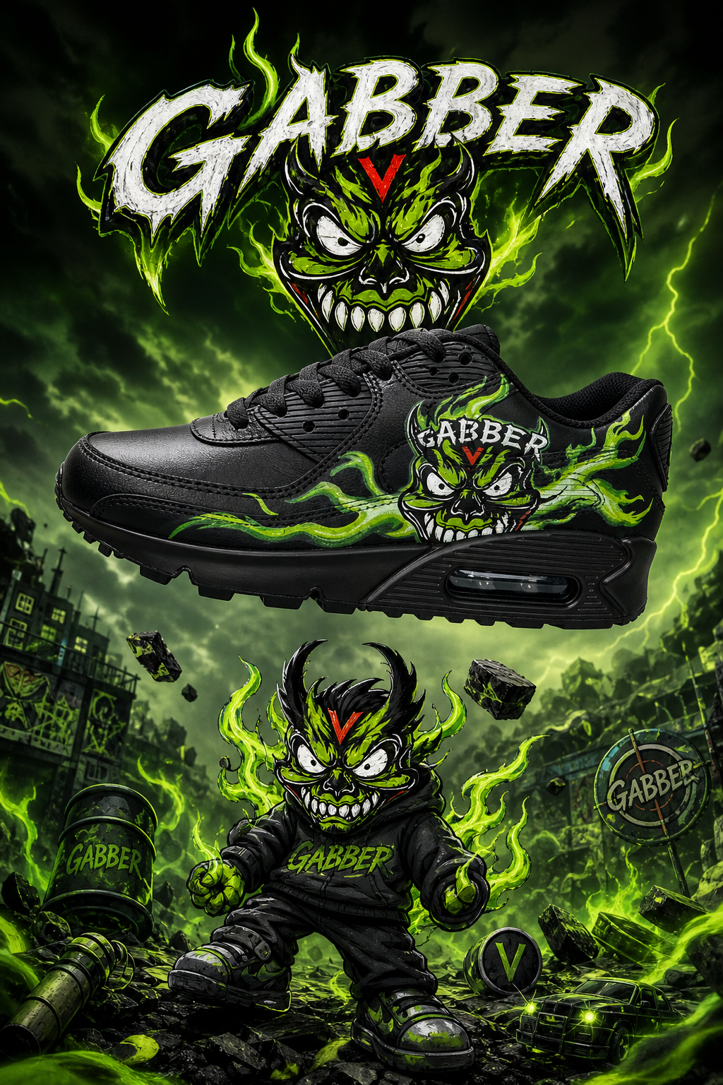 Hand‑Painted Nike Air Max 90‑Black Green Demon Monster Graffiti Flame Graphic Custom Air Cushion Sneakers