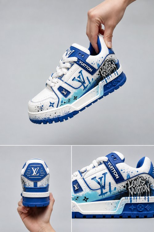 LV Custom Gradient Hand‑Painted Sneakers Drip Legend Blue White Splash Paint Urban City Graffiti Chunky Trainer Shoes