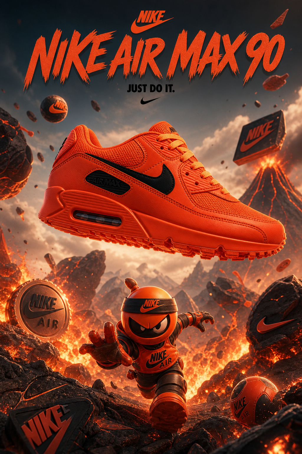 Hand‑Painted Nike Air Max 90‑Bright Orange Black Swoosh Volcano Theme Custom Air Cushion Sneakers