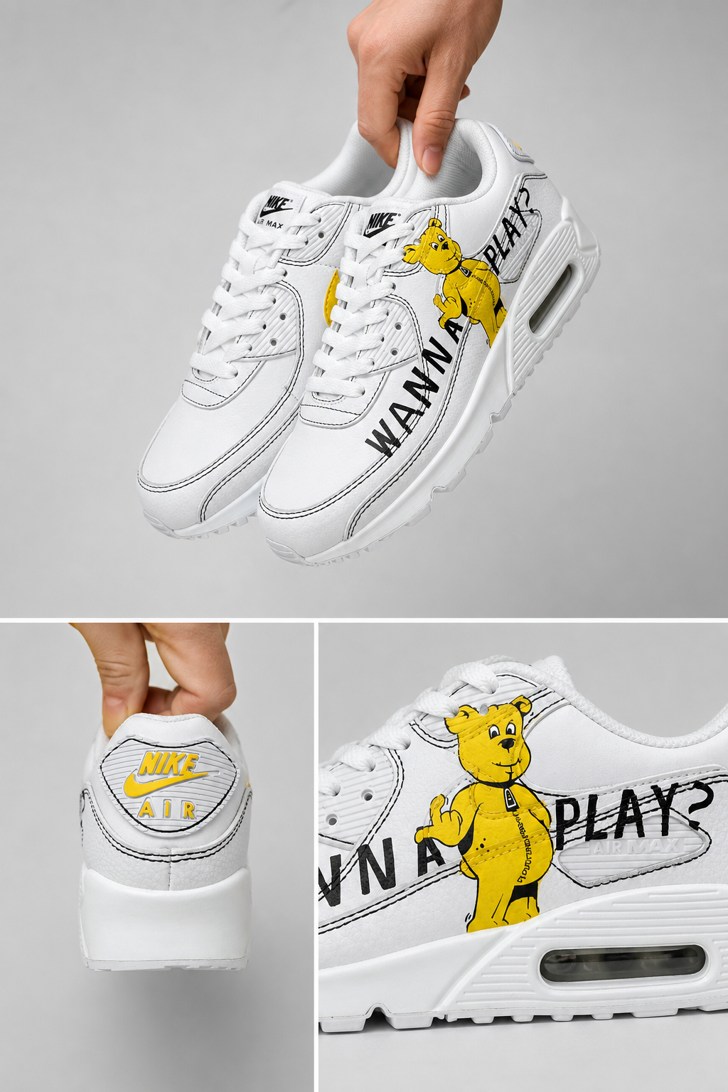 Hand‑Painted Nike Air Max 90‑White Yellow Cartoon Bear Graffiti Text Custom Air Cushion Sneakers