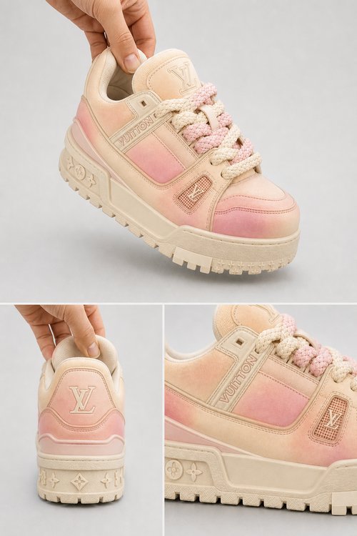 LV Custom Gradient Hand‑Painted Sneakers Pink Peach Dreamy Cloud Pastel Gradient Thick Sole Casual Trainer Shoes
