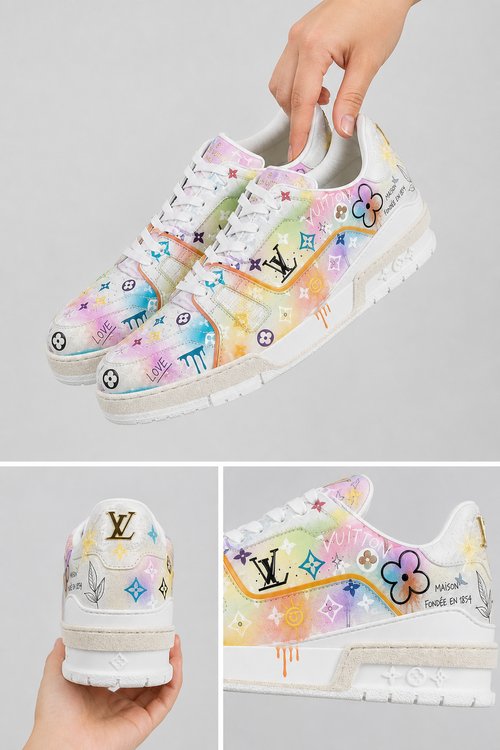 LV Custom Gradient Hand‑Painted Sneakers Rainbow Drip Paint Pastel Graffiti Fantasy Candy Land Chunky Trainer Shoes