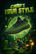 Hand‑painted YEEZY 350 V2 Shoes – Minecraft Black‑Green Gradient Block Game Themed, Boost Custom Sneakers