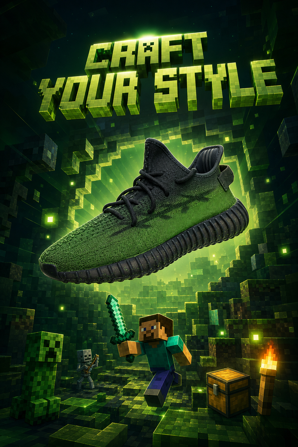 Hand‑painted YEEZY 350 V2 Shoes – Minecraft Black‑Green Gradient Block Game Themed, Boost Custom Sneakers