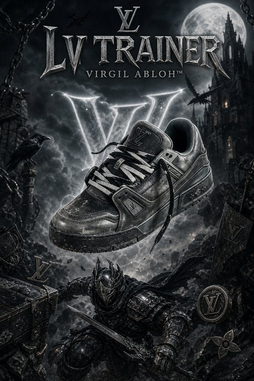 LV Custom Gradient Hand‑Painted Sneakers Dark Medieval Knight Gothic Worn‑Effect Black Metallic Chunky Trainer Shoes