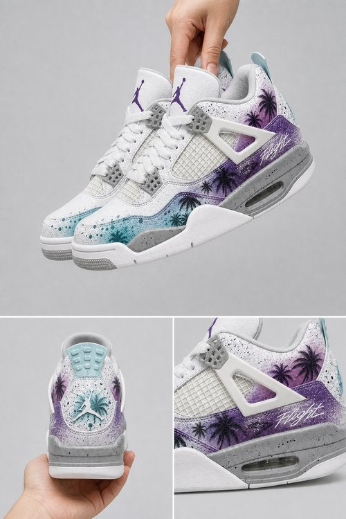 Custom Gradient Hand‑Painted AJ4 Sneakers Flight Tropical Horizon Purple Teal Palm Tree Custom Basketball Shoes