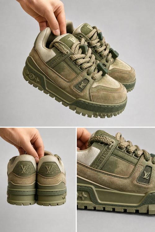 LV Custom Gradient Hand‑Painted Sneakers Trailblazer Jungle Camo Green Vintage Explorer Chunky Trainer Casual Shoes