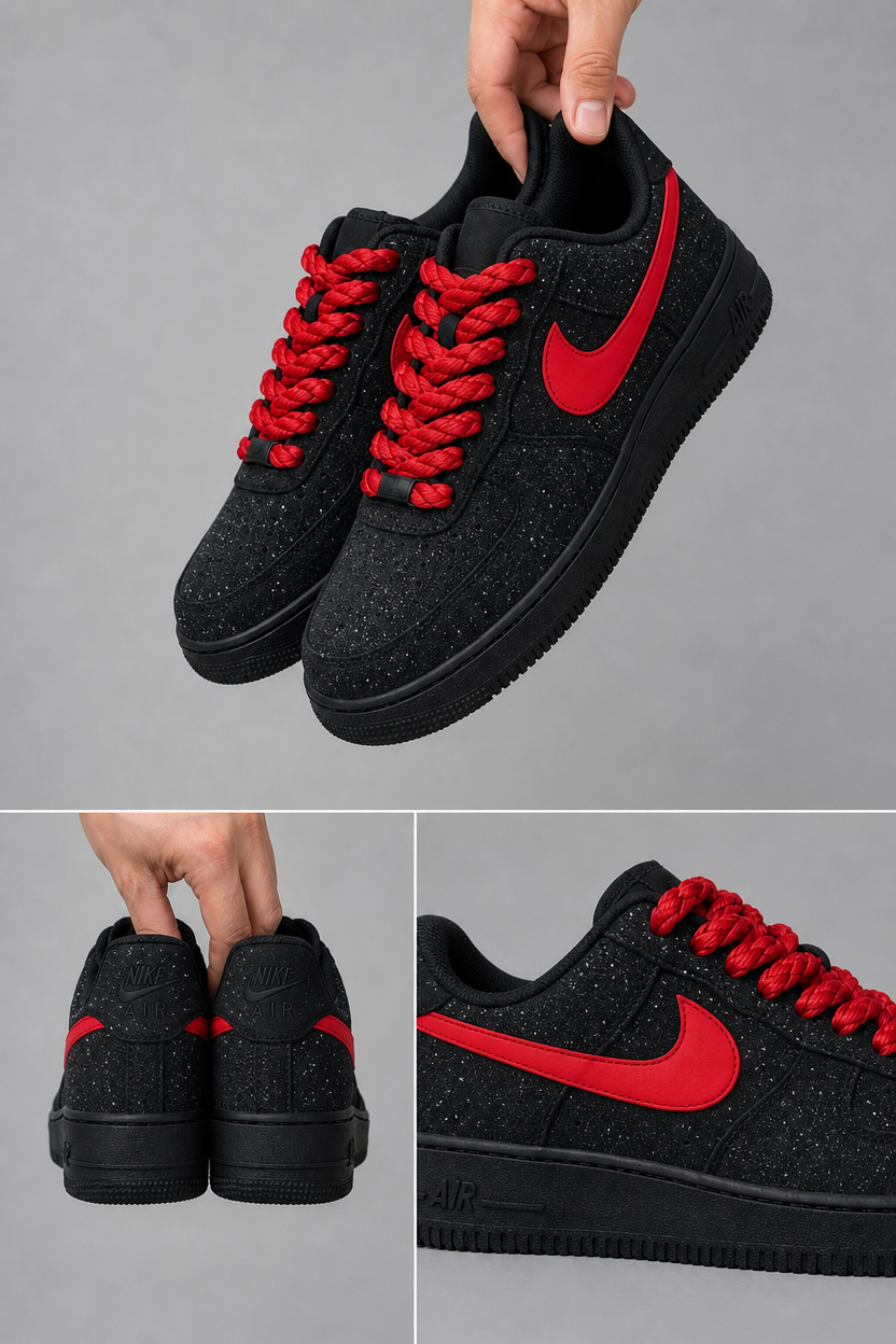 Hand-Crafted Rework Galaxy Custom Sneakers with Red Swoosh & Chunky Laces – Black Starry Night Air Shoes