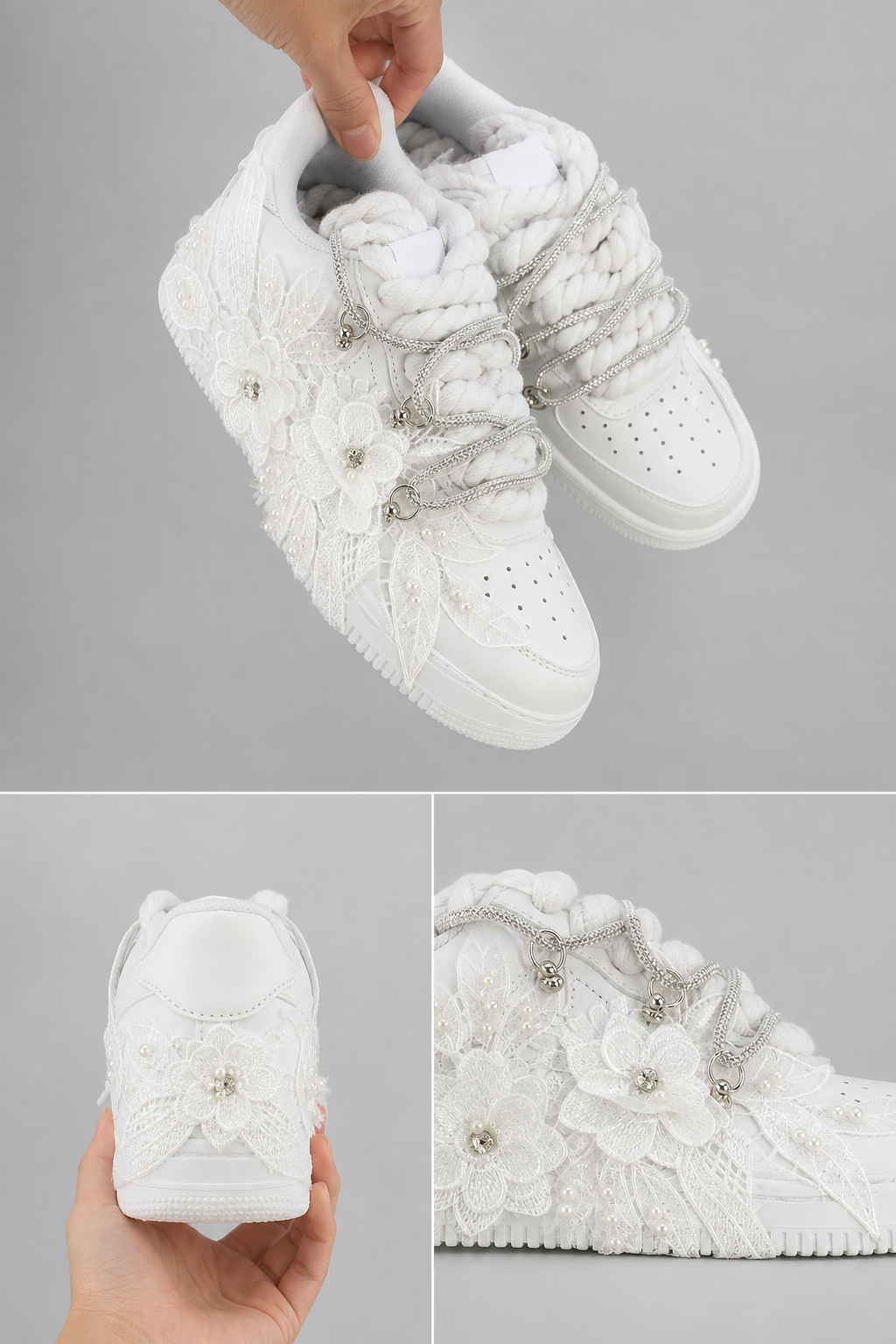 Hand-crafted Rework White Floral Sneakers with Rose Appliqué, Pearl Details & Angelic Wing Design Custom Shoes