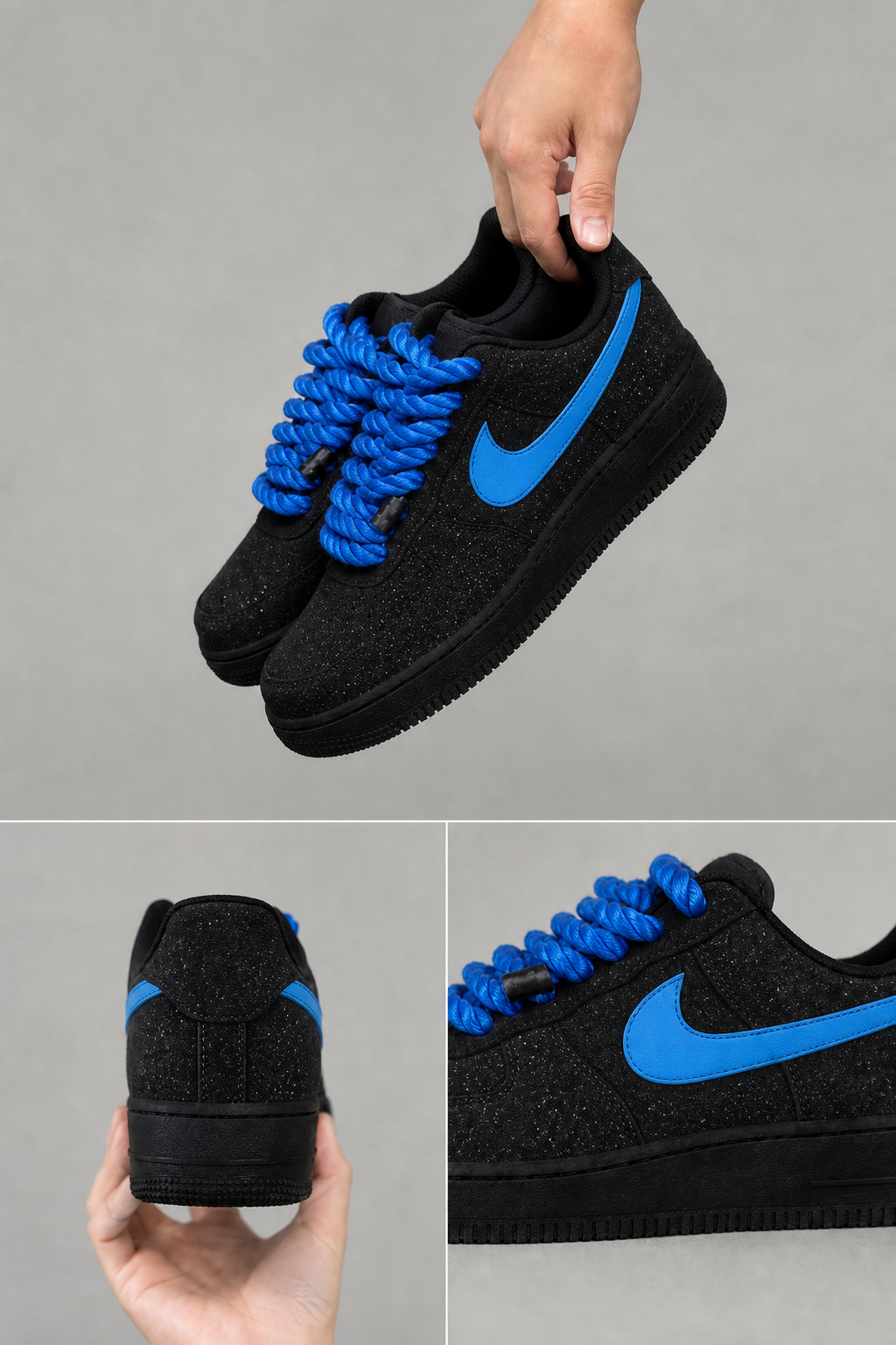 Hand-Crafted Rework Cosmic Custom Sneakers with Blue Baby's Breath Accent Swoosh and Chunky Rope Laces