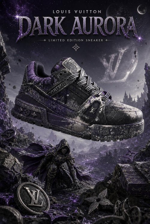 LV Custom Gradient Hand‑Painted Sneakers Dark Aurora Limited Edition Black Purple Cosmic Distressed Galaxy Style Casual Trainer Shoes
