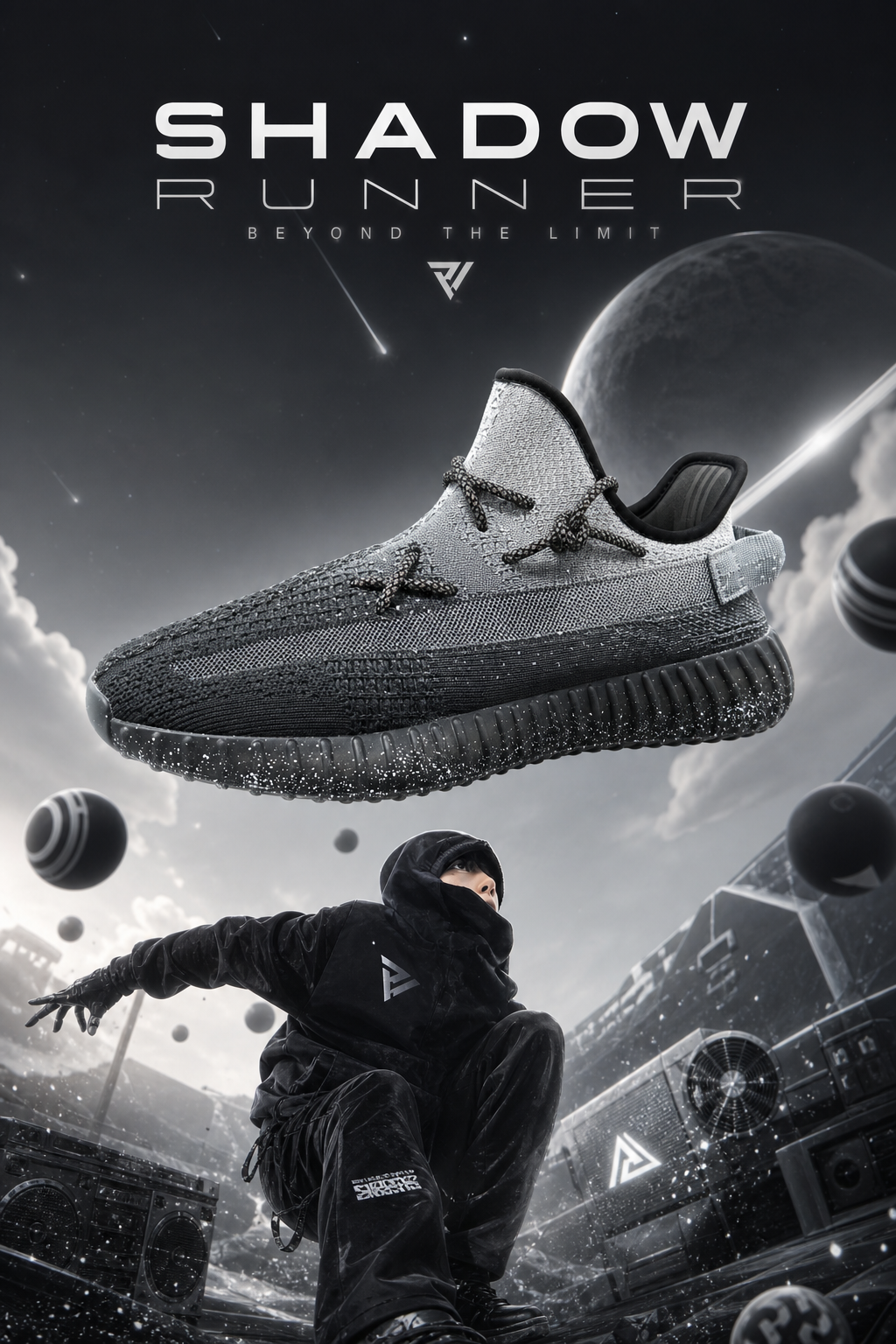 Hand‑painted YEEZY 350 V2 Shoes – Shadow Runner Black Grey Gradient Cosmic Space Themed, Boost Custom Sneakers