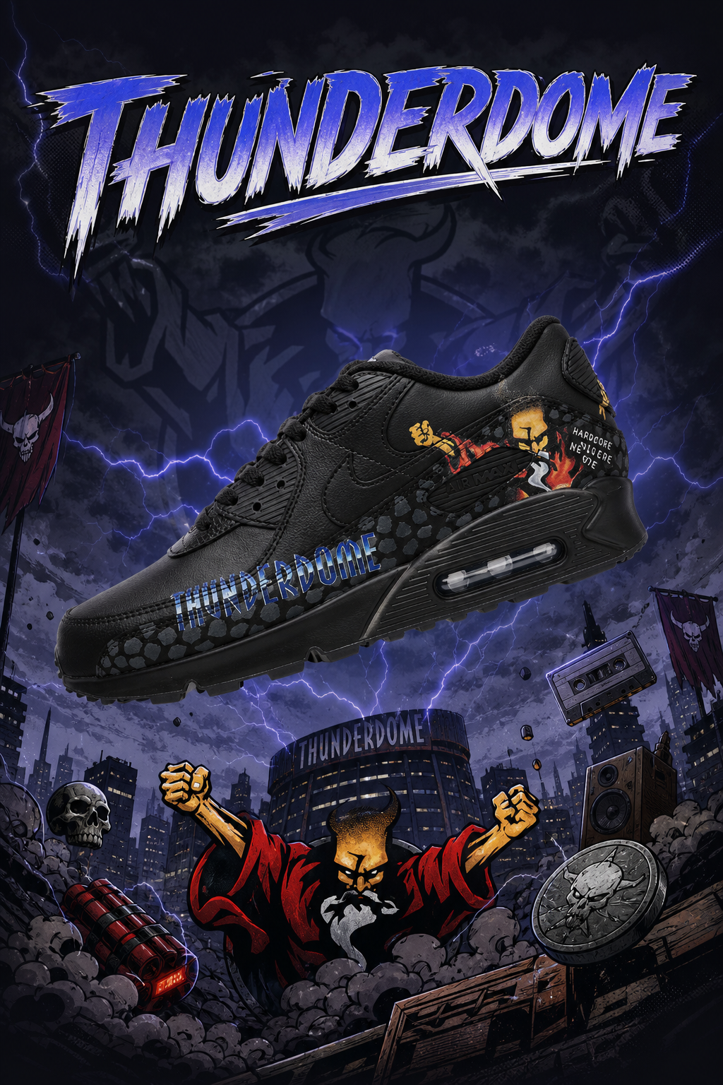 Hand‑Painted Nike Air Max 90‑Black Blue ThunderDome Text Stone Pattern Demon Character Custom Air Cushion Sneakers