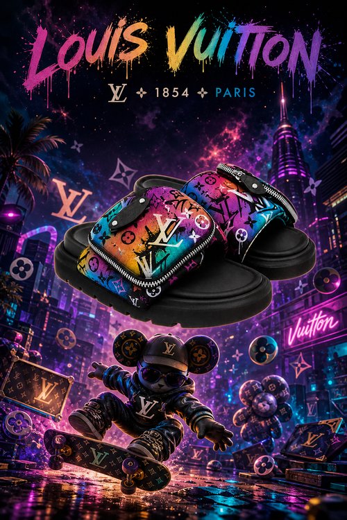 LV Custom Gradient Hand‑Painted Slides Neon Rainbow Graffiti Pouch‑Design Urban Night City Fashion Slide Sandals
