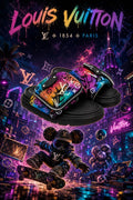 LV Custom Gradient Hand‑Painted Slides Neon Rainbow Graffiti Pouch‑Design Urban Night City Fashion Slide Sandals