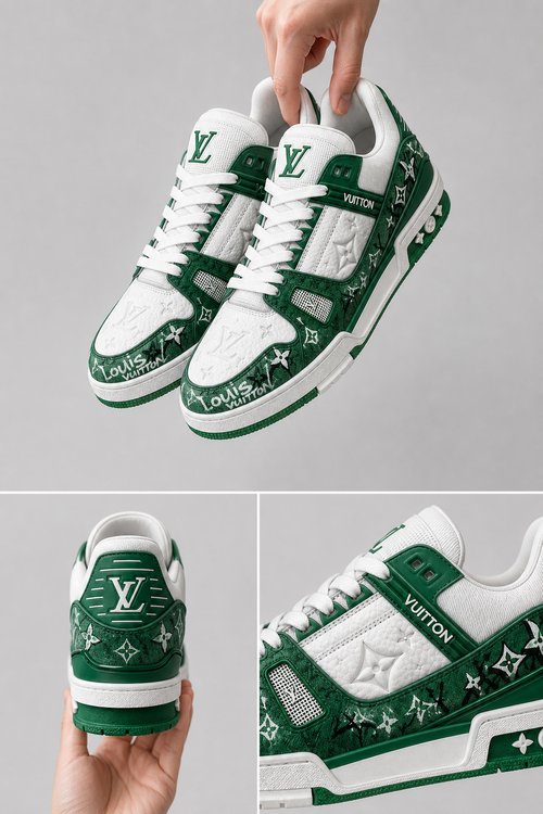 LV Custom Gradient Hand‑Painted Sneakers LV Archive White Green Heritage Monogram Street Skate Chunky Trainer Shoes