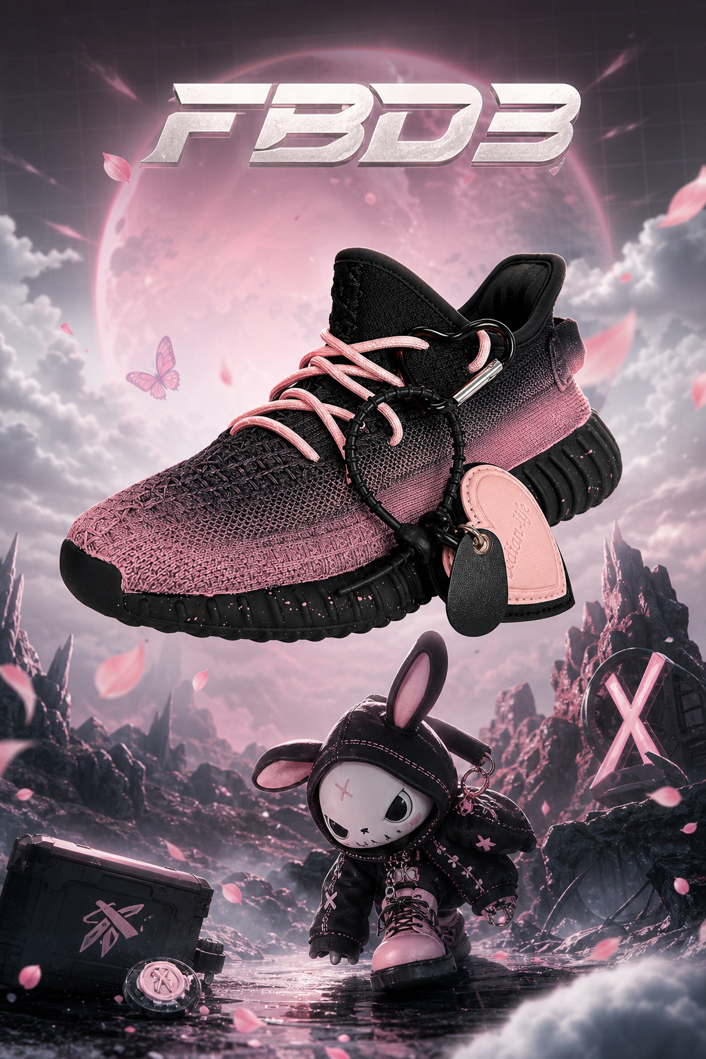 Hand‑painted YEEZY 350 V2 Shoes – Dark Pink Gradient Gothic Bunny Heart Keychain Moon Butterfly Themed, Boost Custom Sneakers