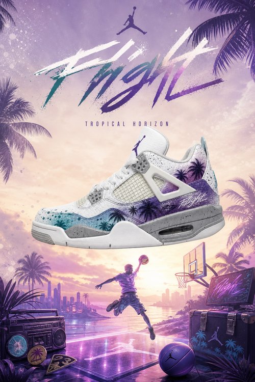 Custom Gradient Hand‑Painted AJ4 Sneakers Flight Tropical Horizon Purple Teal Palm Tree Custom Basketball Shoes