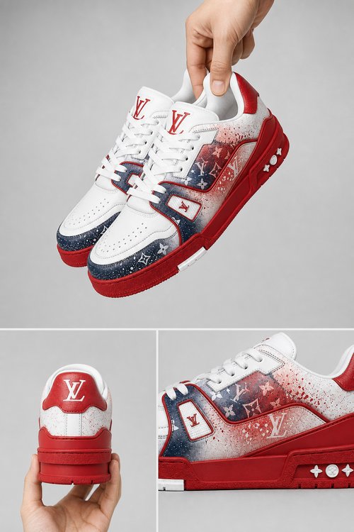 LV Custom Gradient Hand‑Painted Sneakers LV Cosmic Red White Blue Galaxy Splash Star Cosmic Legends Chunky Trainer Shoes