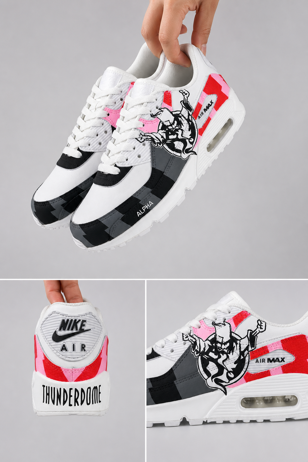 Hand‑Painted Nike Air Max 90‑White Pink Red Checkered Warrior Character Alpha Text Custom Air Cushion Sneakers