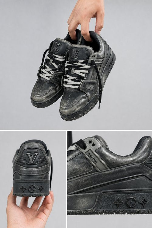 LV Custom Gradient Hand‑Painted Sneakers Dark Medieval Knight Gothic Worn‑Effect Black Metallic Chunky Trainer Shoes