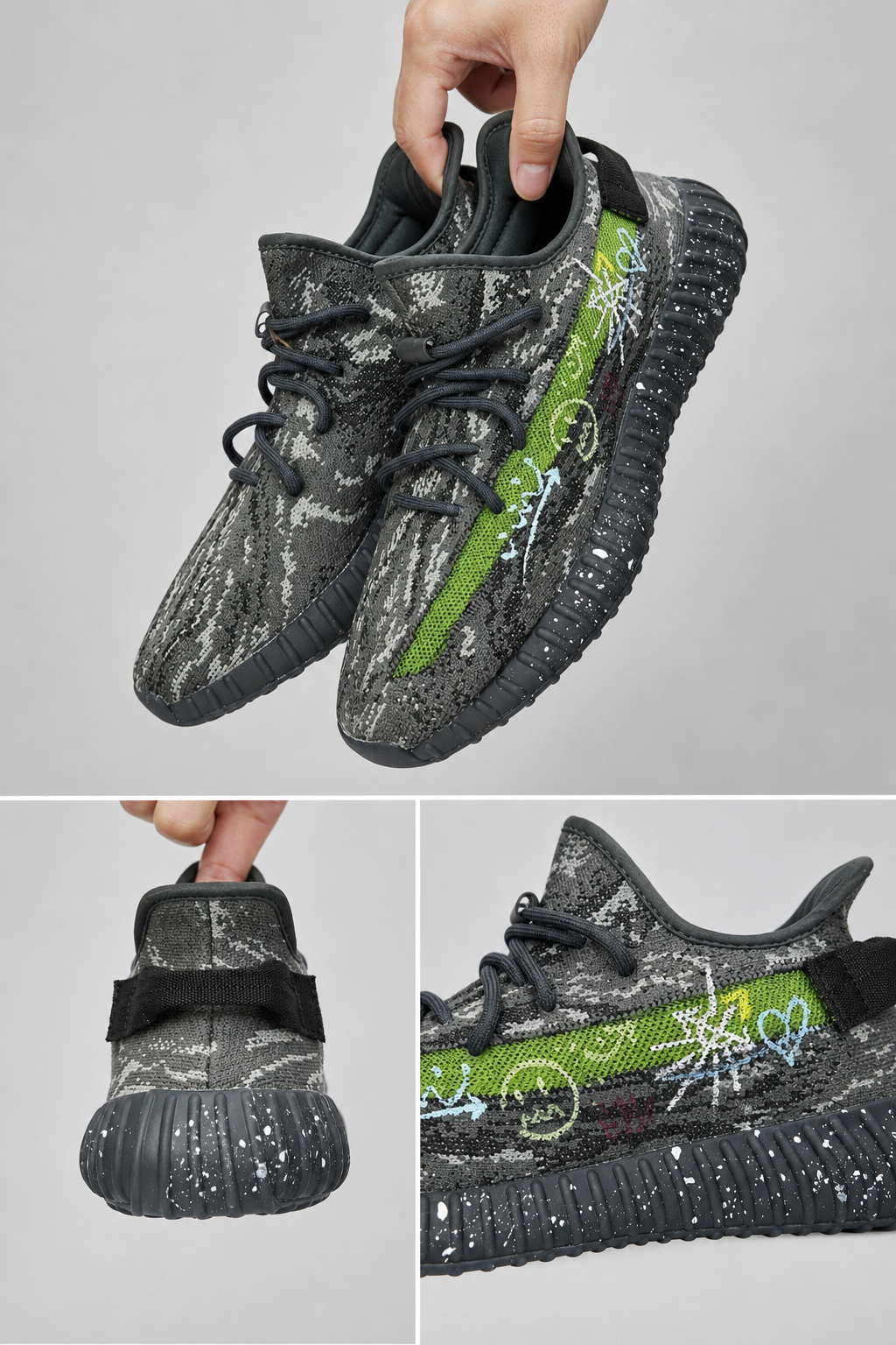 Hand‑painted YEEZY 350 V2 Shoes – Neon Green Graffiti Street Art Themed, Boost Custom Sneakers