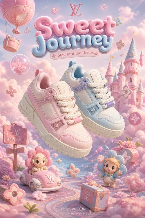 LV Custom Gradient Hand‑Painted Sneakers Sweet Journey Pink Blue Fairy Tale Pastel Chunky Trainer Casual Shoes