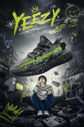 Hand‑painted YEEZY 350 V2 Shoes – Neon Green Graffiti Street Art Themed, Boost Custom Sneakers