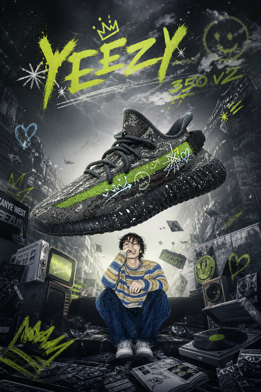 Hand‑painted YEEZY 350 V2 Shoes – Neon Green Graffiti Street Art Themed, Boost Custom Sneakers