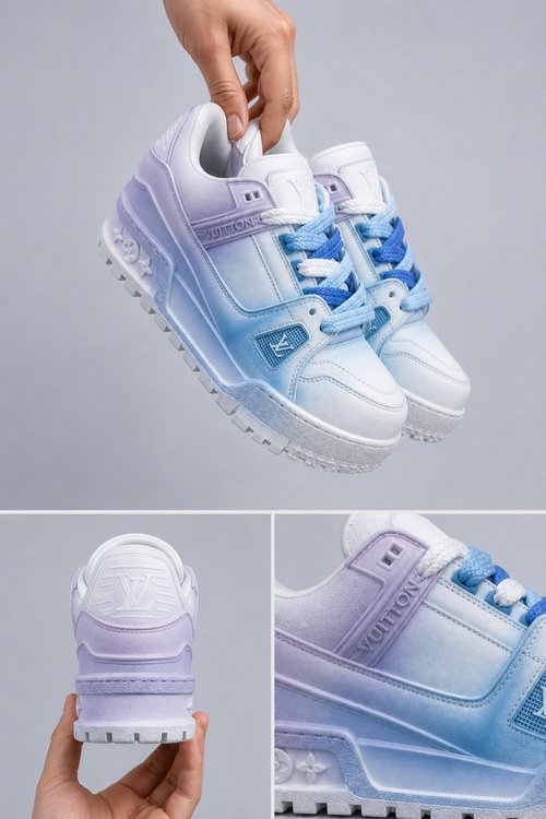 LV Custom Gradient Hand‑Painted Sneakers Luxe Dreams Blue Purple Sky Cloud Gradient Chunky Trainer Casual Shoes
