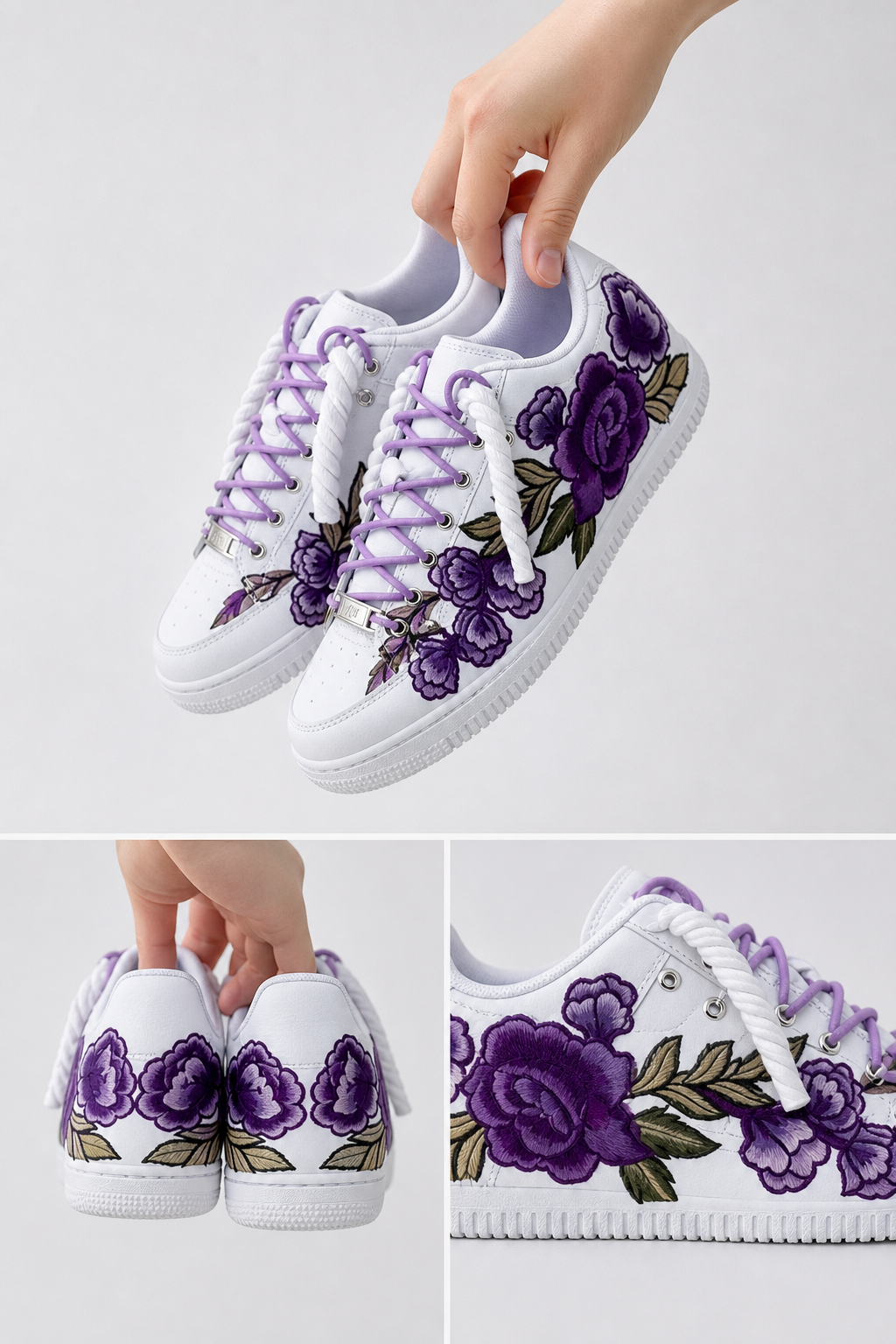 Hand-Crafted Rework Floral Custom Sneakers – Purple Bloom Embroidery Design, Unique Handmade Shoes, Artistic Streetwear Footwear