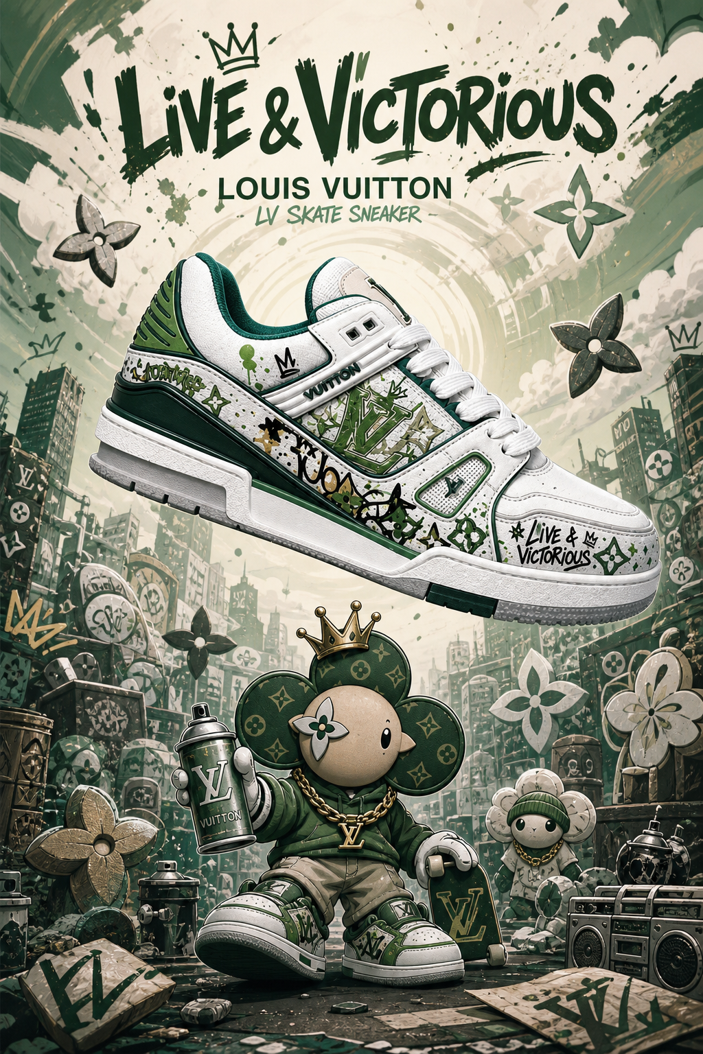 LV Custom Gradient Hand‑Painted Sneakers Live & Victorious Green White Graffiti Street Skate Chunky Trainer Shoes