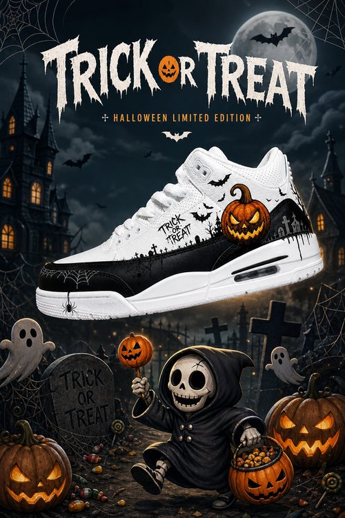 Custom Gradient Hand‑Painted AJ3 Sneakers Trick Or Treat Halloween Limited Edition Pumpkin Bat Ghost Custom Basketball Shoes