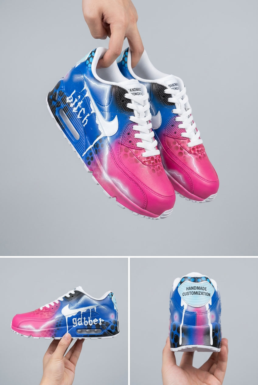 Hand Painted Nike Air Max Sneakers, Custom Neon Rave Streetwear Shoes with Lightning Graffiti Design