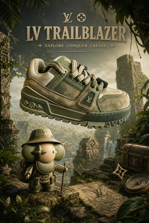 LV Custom Gradient Hand‑Painted Sneakers Trailblazer Jungle Camo Green Vintage Explorer Chunky Trainer Casual Shoes