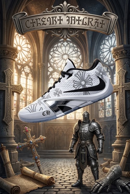 Custom Nike Ja 3 Basketball Shoes, Hand Painted Chrome Knight Cross Design with Gothic Silver Armor Artwork